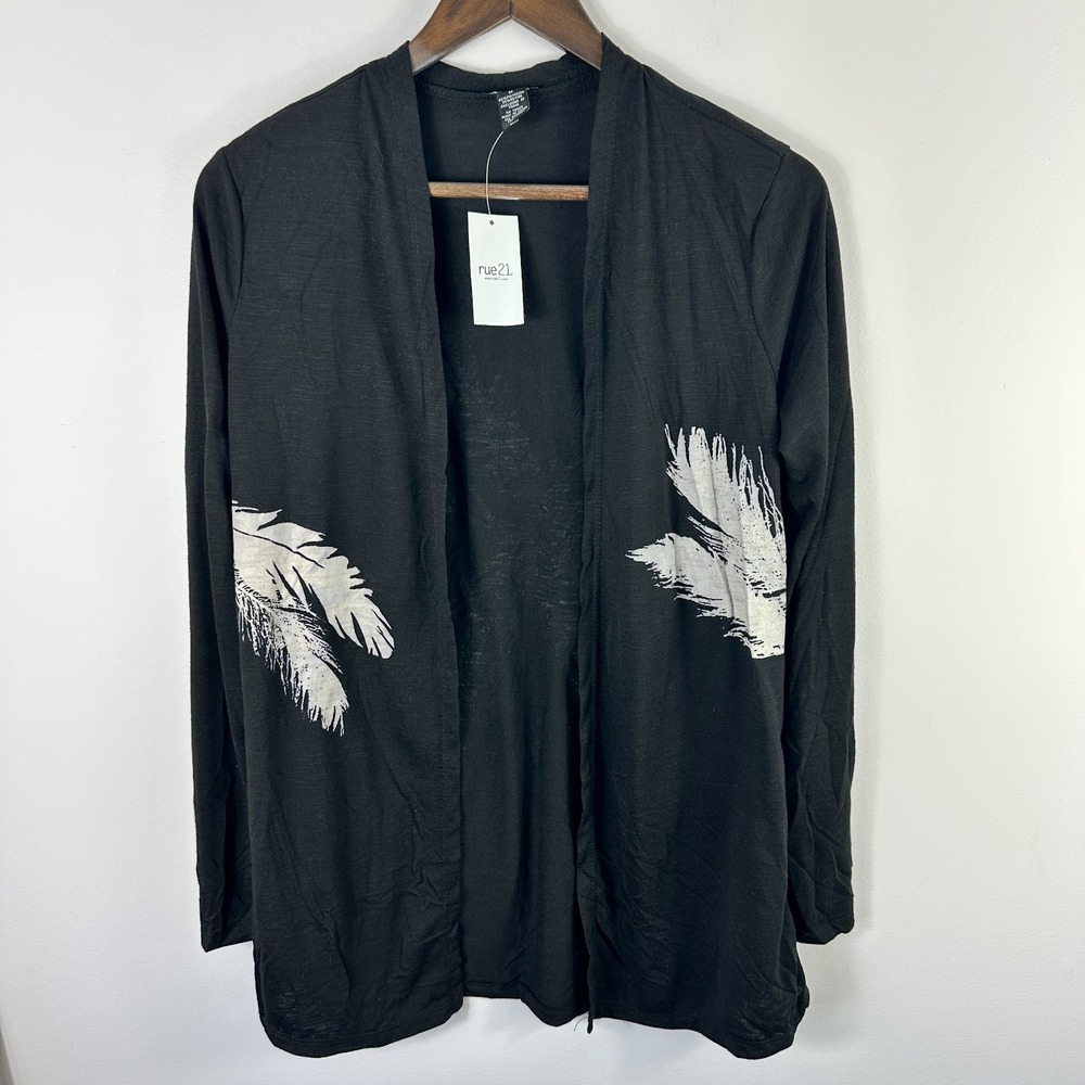 Rue 21 Open Front Cardigan Womens Medium Black Lightweight Feather Indie Alt Art